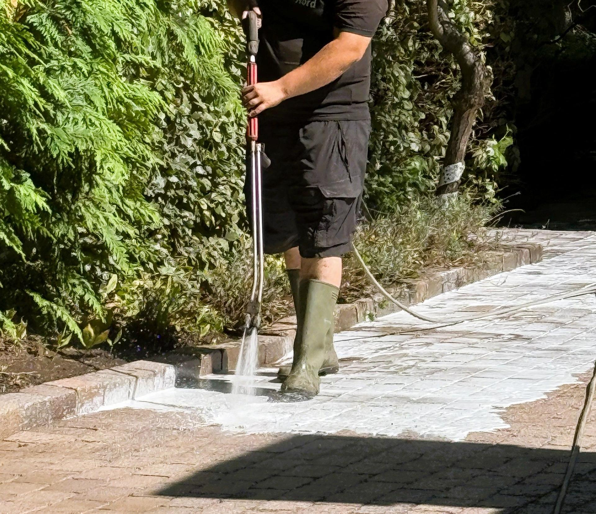 Stone patio being treated with preventive anti-algae, anti-moss and anti-lichen foam
