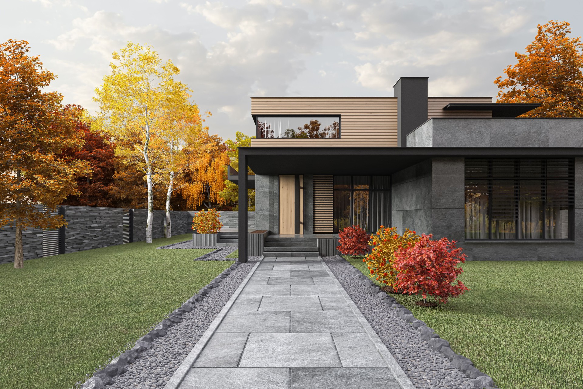 Modern Two-Story House with Autumn Landscape